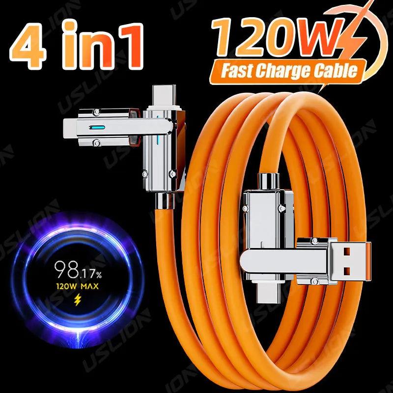 4 In 1 120W USB Type C to USB Type C Cable Laptop Cord Fast Charging Wire For iphone 15 Xiaomi 13 Poco 3 IN 1 Data Charge Cable - ADEEGA