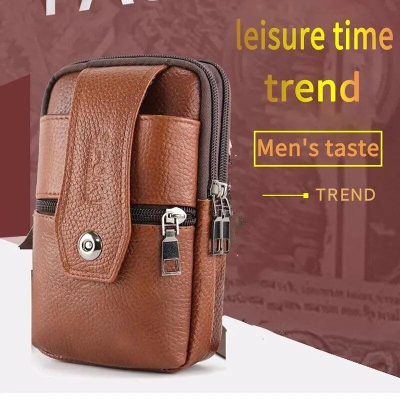 Men Leather Waist Bag Large Capacity Belt Bag Brown Shoulder Bags Crossbody Bags Multi Layer Buckle Mobile Phone Bag Bum Pouch - ADEEGA