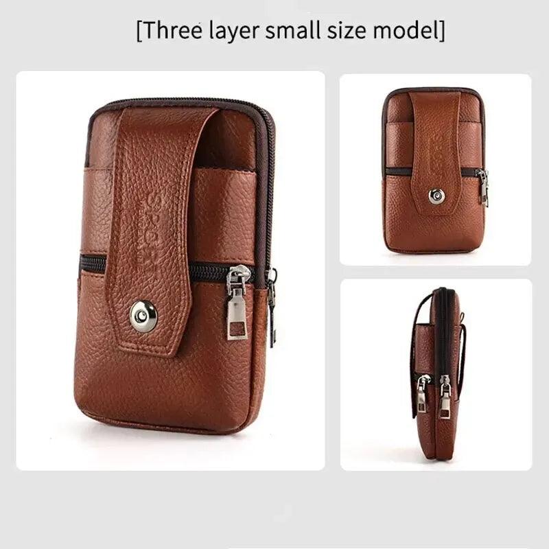Men Leather Waist Bag Large Capacity Belt Bag Brown Shoulder Bags Crossbody Bags Multi Layer Buckle Mobile Phone Bag Bum Pouch - ADEEGA