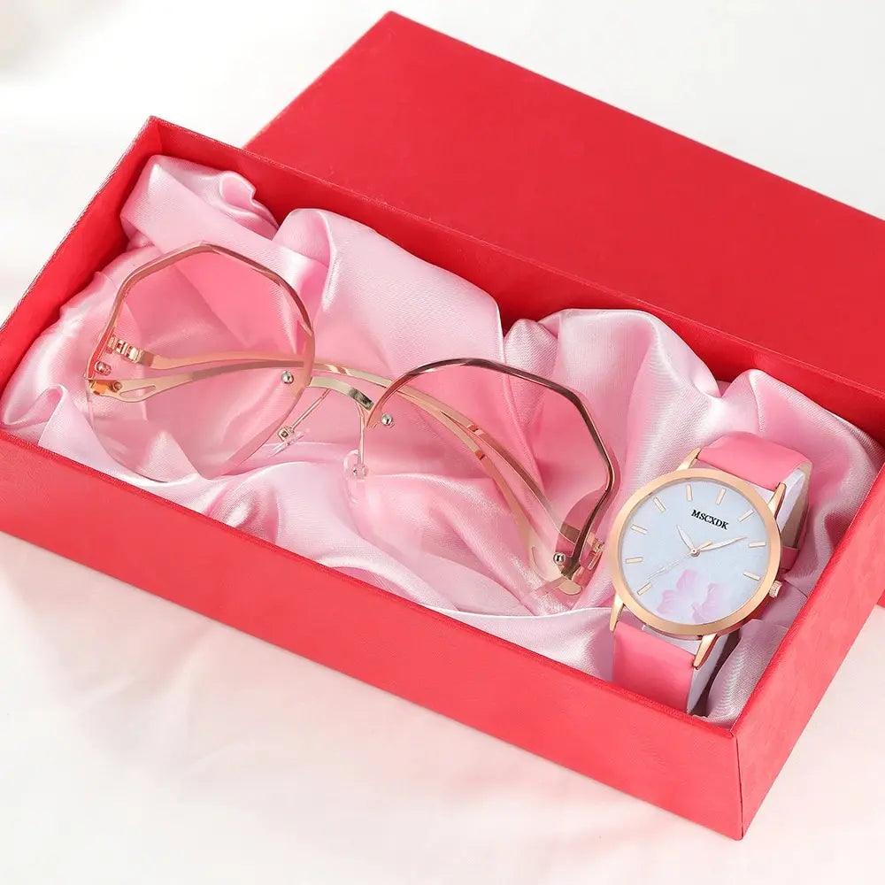 Women Pink Watch & Glasses Set Fashion Female - ADEEGA